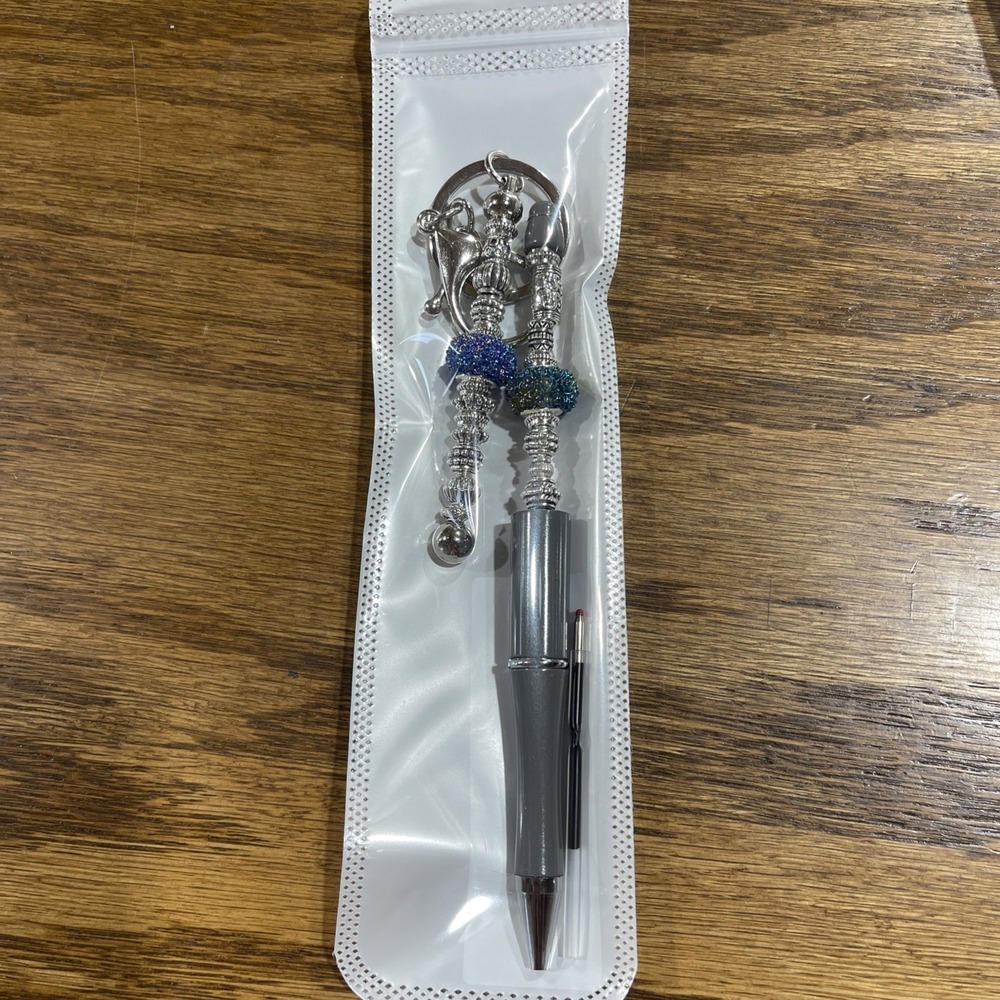 Decorated Multi Color Ink Pen + Refill & Matching Key Chain Beaded Handmade‎ NEW